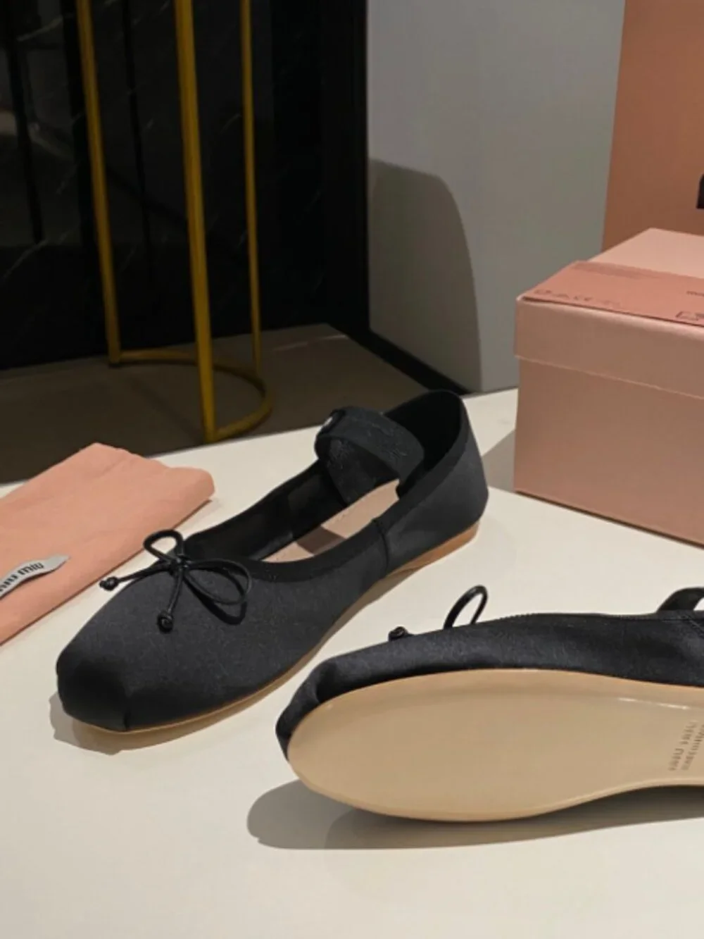 Miu Miu Black Flats Black Elastic Strap and Bow